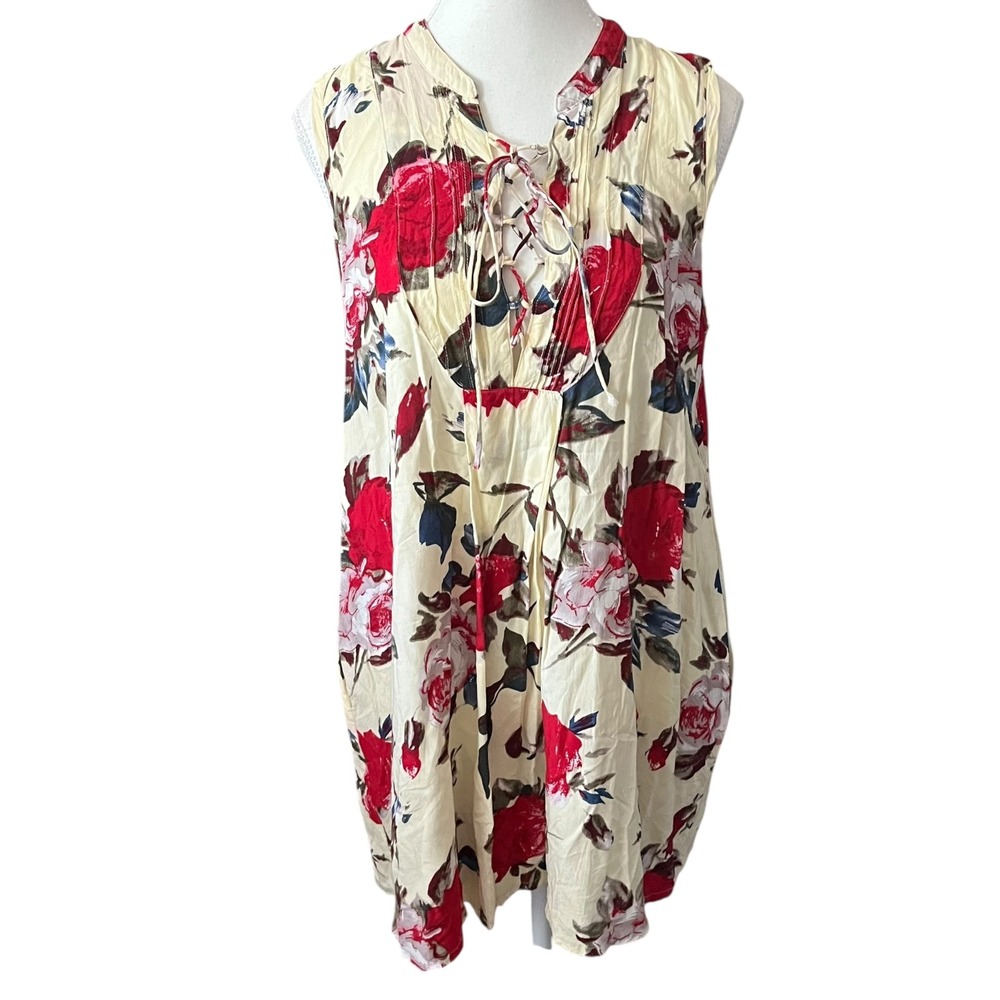 Umgee USA Cream‎ Floral Print Sleeveless Dress Boho Lace Up Neck Size Medium